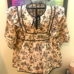 Cream & Black patterned Linen/Rayon Blouse
